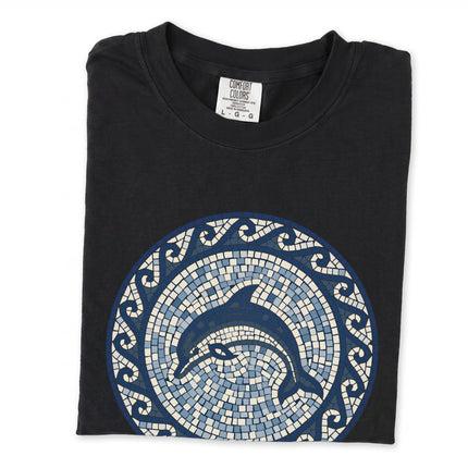 Blue dolphin mosaic tee shirt with marine sea life and Greek key accents.