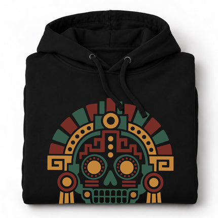 Aztec Mictlan Skull Hoodie | Green, Red, and Gold Mask Design