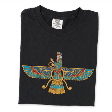 Black t-shirt featuring the ancient Faravahar symbol of Zoroastrian Persia.