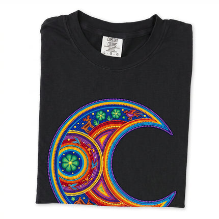 Huichol inspired crescent moon graphic tee with colorful Mexican folk art print.
