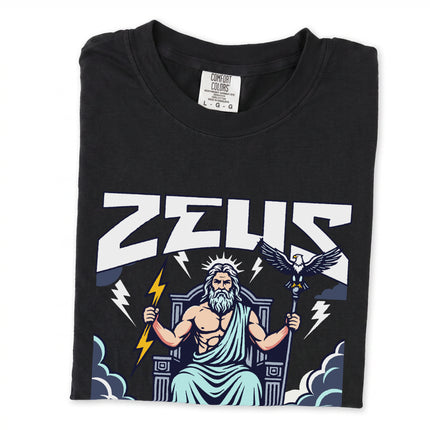 Zeus King of the Gods t-shirt featuring Greek mythology lightning bolt and eagle graphic design.