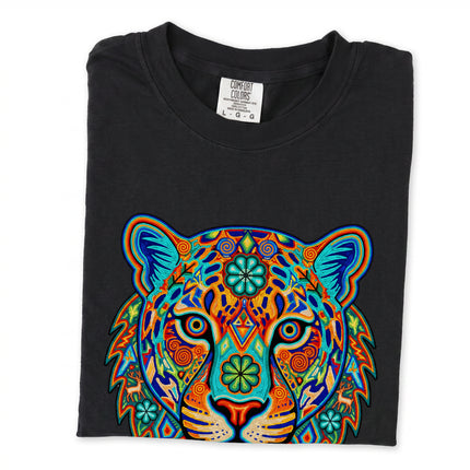 Colorful psychedelic t-shirt featuring a vibrant Huichol jaguar graphic inspired by traditional Mexican art.