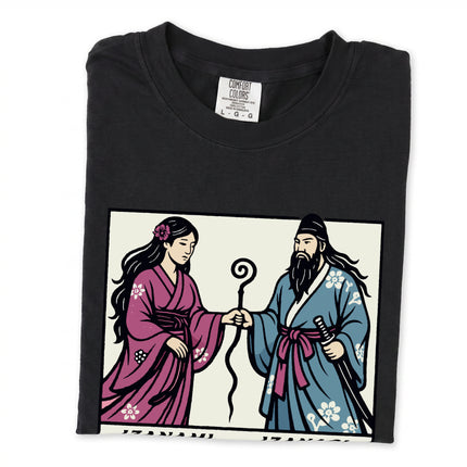 Japanese mythology gods Izanami and Izanagi graphic tee shirt design print.