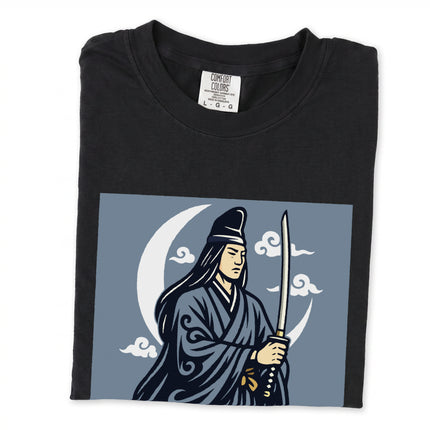 Tsukuyomi Japanese Moon God graphic t-shirt featuring a celestial crescent moon and swords design.