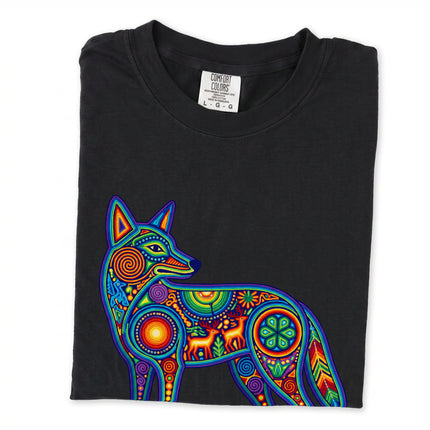 Colorful Huichol coyote art t-shirt featuring vibrant indigenous Mexican graphic design print.