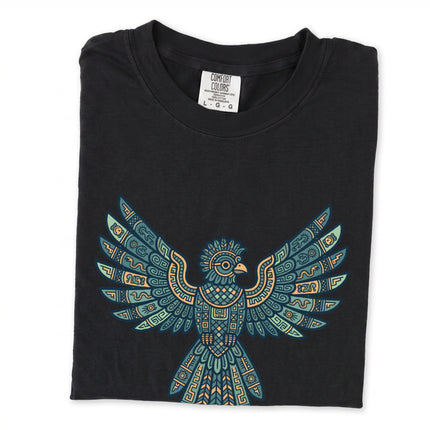 Mayan Aztec geometric tribal eagle spirit animal art printed on a comfortable t-shirt.