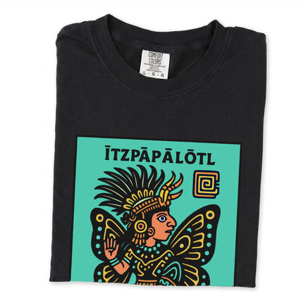Aztec Butterfly Goddess print tee shirt featuring detailed Mesoamerican mythology artwork.