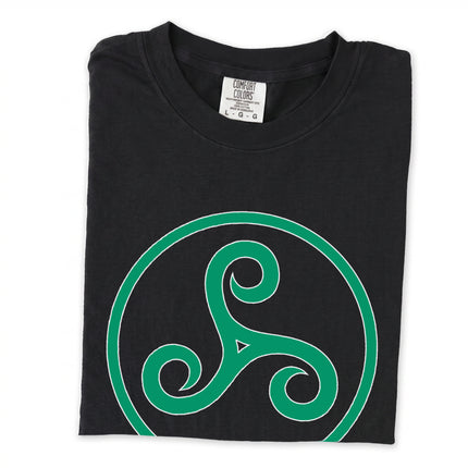 Green long sleeve t-shirt featuring a Celtic triskelion triple spiral design.