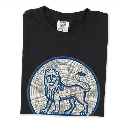 Blue grey mosaic lion graphic t-shirt featuring an ancient animal print design.