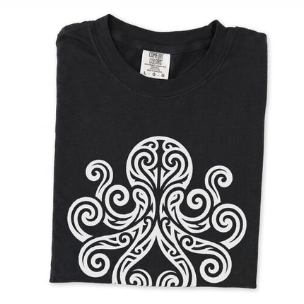 Tribal octopus and kraken graphic tee featuring celtic swirl oceanic design.