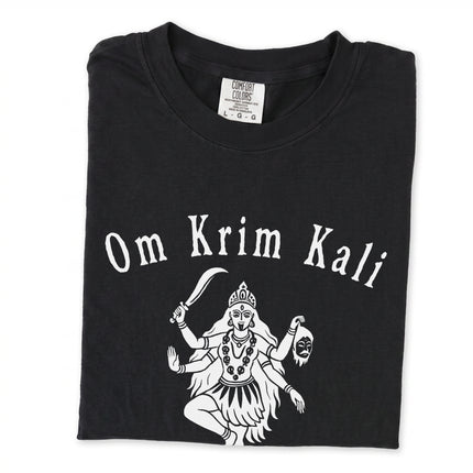 Om Krim Kali graphic t-shirt featuring Hindu Goddess Kali Sanskrit symbols design.