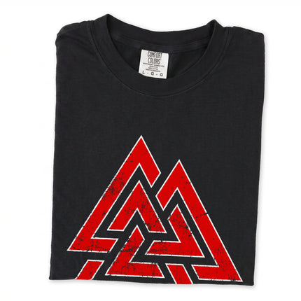 Valknut symbol t-shirt featuring Norse mythology viking art design.