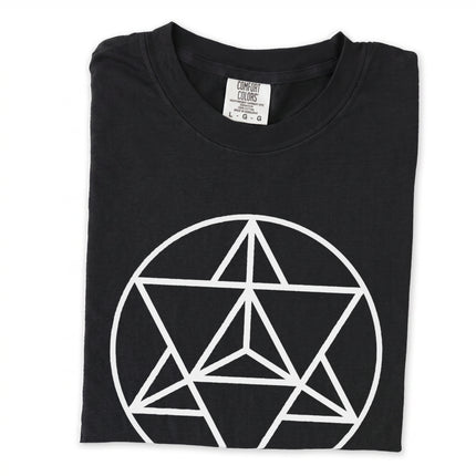 Sacred geometry Merkaba star graphic on white long sleeve t-shirt.