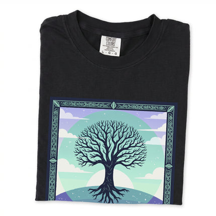 Yggdrasil Tree of Life t-shirt with intricate Celtic knot roots and branches graphic design.