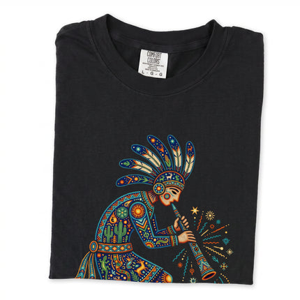 Vibrant graphic tee of a southwestern flute player and cultural art design print.