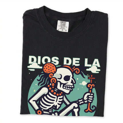 Mayan Death God graphic t-shirt featuring ancient skeleton mythology art design.