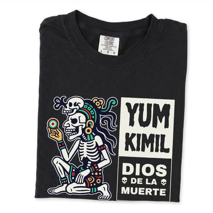 Yum Kimil Mayan Death God skeleton t-shirt featuring Mesoamerican mythology art print.