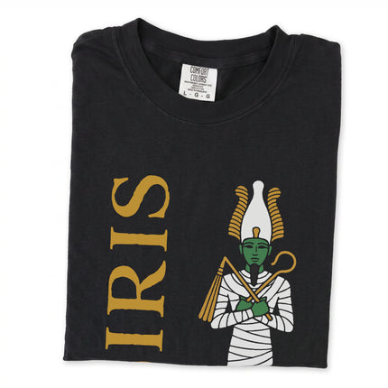 Osiris Egyptian god graphic tee shirt featuring ancient mythology and mummy artwork.