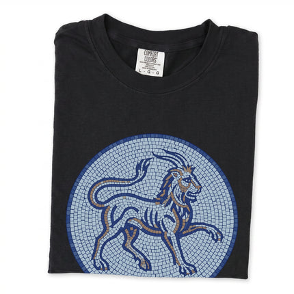 Blue mosaic chimera t-shirt featuring a mythological lion and goat design.