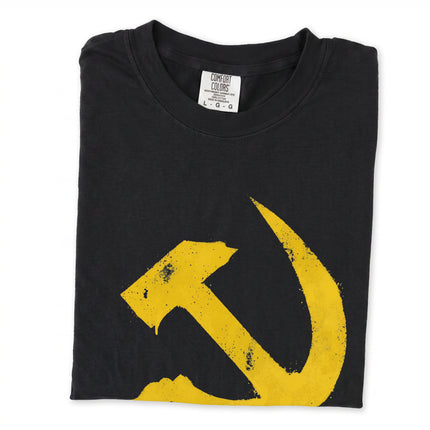 Distressed vintage t-shirt featuring the iconic hammer and sickle Soviet emblem graphic design.