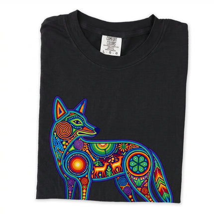 Multicolor Huichol coyote art graphic on a long sleeve t-shirt.