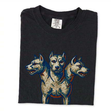 Mosaic graphic of Cerberus, the three-headed dog from Greek mythology, printed on a black t-shirt.