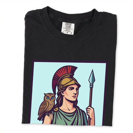 Athena Greek Goddess t-shirt featuring a mythology graphic of an owl and spear design.
