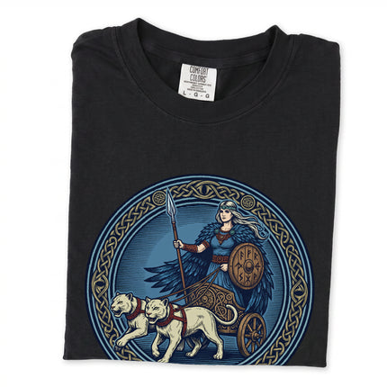Norse Goddess Freyja and cat chariot Viking mythology t-shirt graphic print.