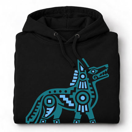 Aztec Coyote Hoodie | Teal and Blue Geometric Canine Graphic