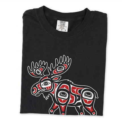 Indigenous formline art moose spirit graphic tee featuring traditional Northwest Coast style design.