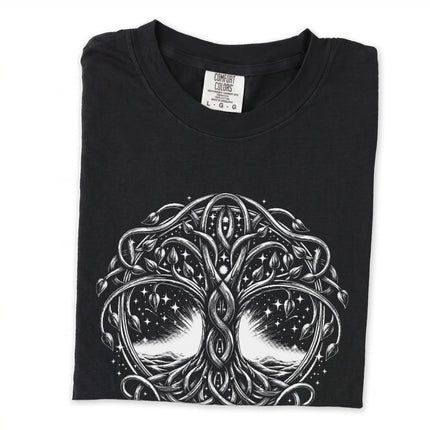 Intricate Celtic knotwork Tree of Life design on a black long sleeve shirt.