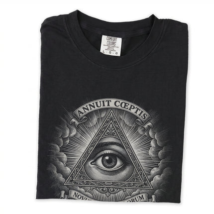 Black long sleeve tee with Eye of Providence and Great Seal pyramid graphic design.