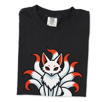 Nine-tailed kitsune spirit graphic on a t-shirt, featuring Japanese mythology art.