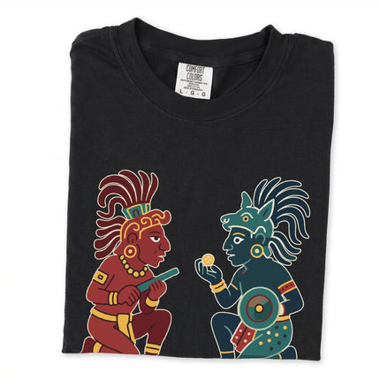 Hunahpu & Xbalanque Mayan mythology graphic t-shirt design on unisex tee.