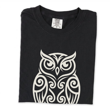 Minimalist geometric owl line art graphic on a long sleeve t-shirt.