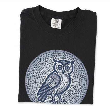 Blue grey geometric mosaic owl graphic t-shirt design.