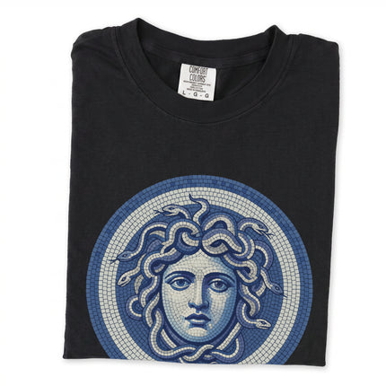 Blue mosaic Medusa head graphic tee shirt featuring Greek mythology art.