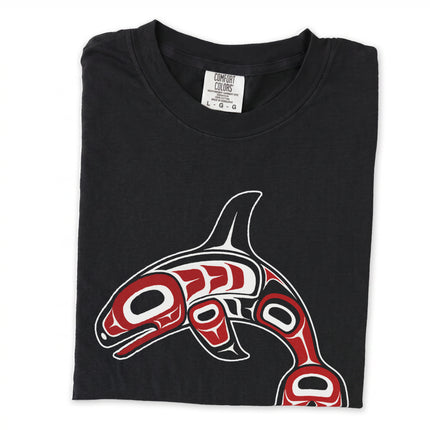 Formline whale long sleeve tee with curved red and white tribal design.