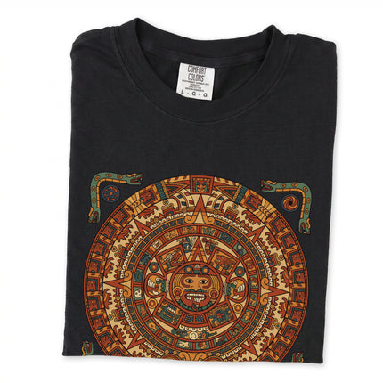 Mayan calendar graphic tee featuring intricate ancient Mesoamerican cultural artwork print.
