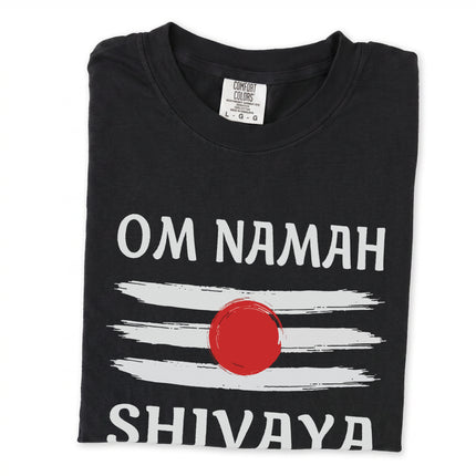 Om Namah Shivaya Tripundra graphic t-shirt featuring sacred spiritual Shiva symbols.
