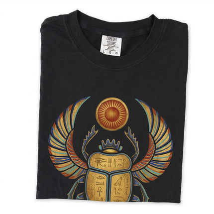 Egyptian winged Khepri scarab graphic tee on a long sleeve shirt, featuring ancient Egyptian mythology art.