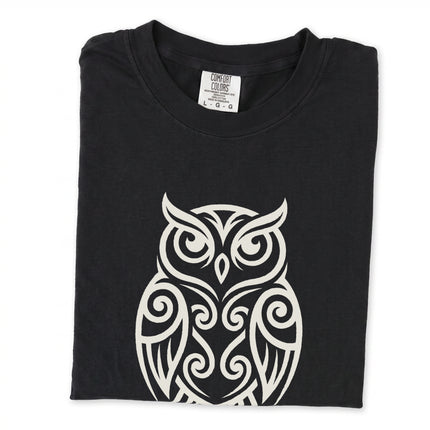 Tribal owl graphic with intricate Celtic knots on a unisex comfort t-shirt.