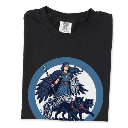 Norse Goddess Freya cats chariot graphic tee featuring Viking mythology art print.