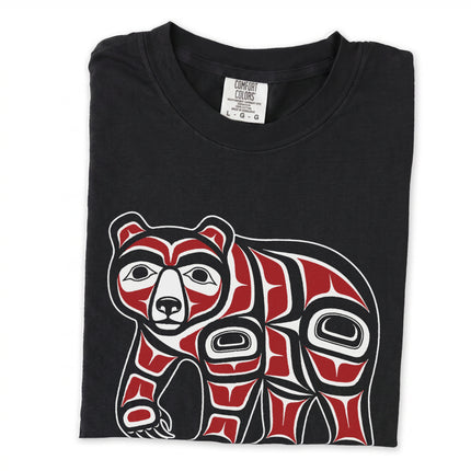 Formline bear graphic long sleeve t-shirt in red and white colors.