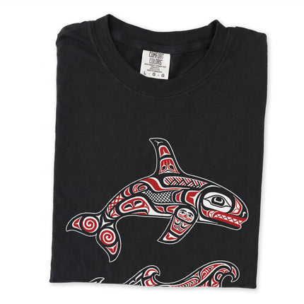 Haida formline art t-shirt featuring killer whales, orcas, and powerful ocean waves design.