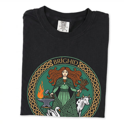 Brighid Celtic Goddess t-shirt design featuring Irish mythology symbols: fire, swan, cow, and forge.