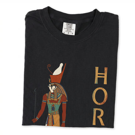 Horus Egyptian god graphic tee featuring detailed hieroglyphic art print on a comfortable t-shirt.