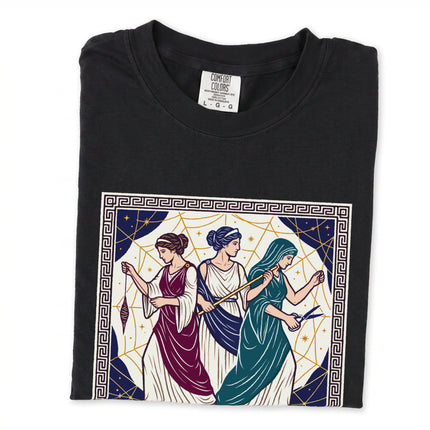Moirai The Fates Greek mythology design featuring ancient goddess art print on a tee shirt.