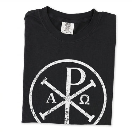 Byzantine Chi Rho Symbol graphic on an early Christian art t-shirt.