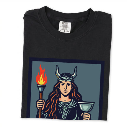 Norse Mythology t-shirt featuring Gullveig, a horned goddess with torch and chalice illustration.